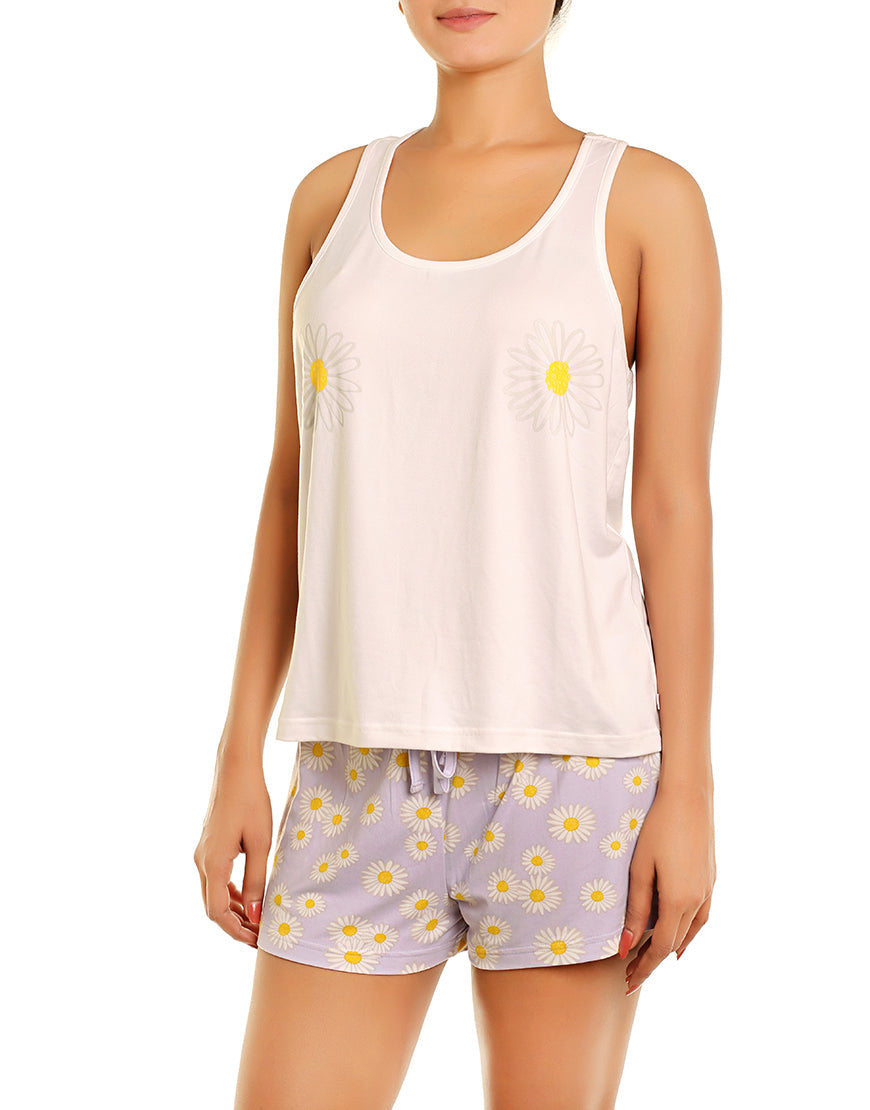 SUN FLOWER TANK TOP AND SHORT SET – WHITE/PURPLE