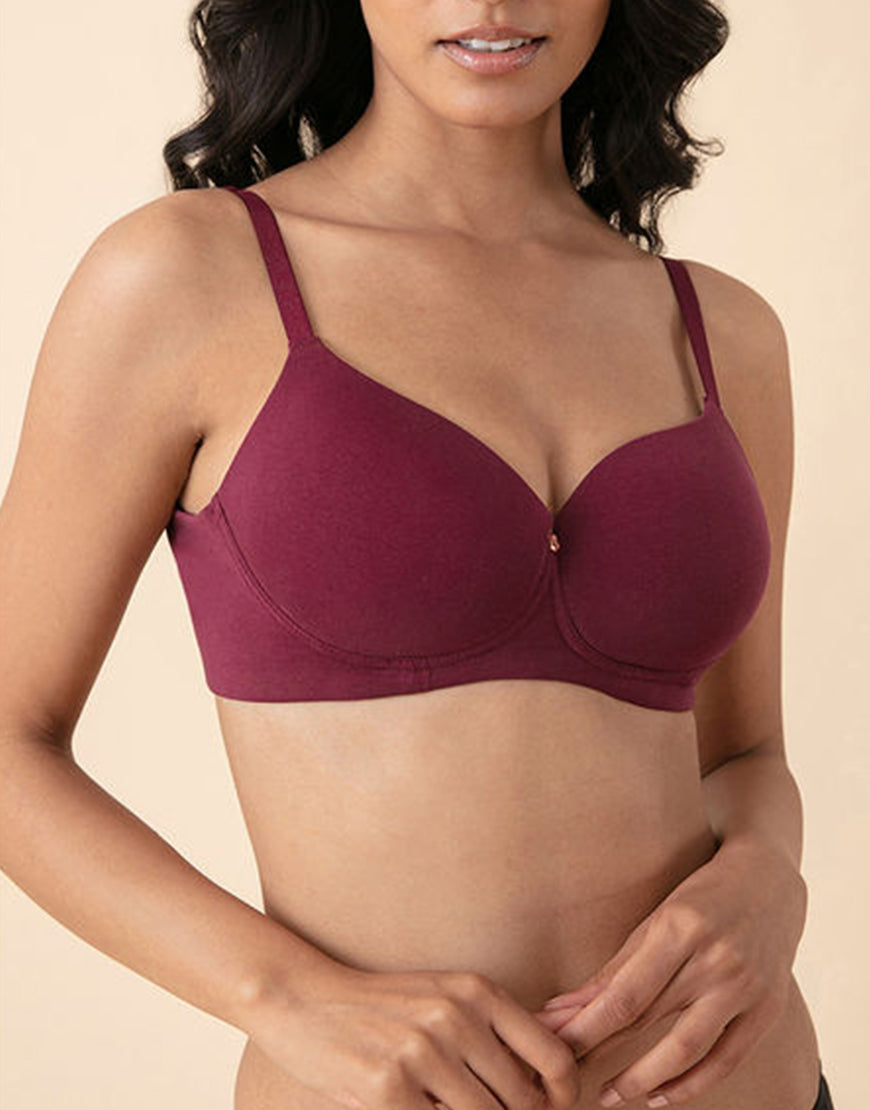 LOSHA SIDE SMOOTHING BIO WASHED ANTI BACTERIAL COTTON WIRELESS T-SHIRT BRA-MAROON