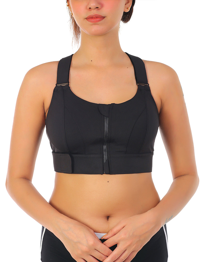 LOSHA PREMIUM QUALITY FRONT CLOSURE PADDED HIGH IMPACT SPORTS BRA WITH ADJUSTABLE WAIST BAND-BLACK