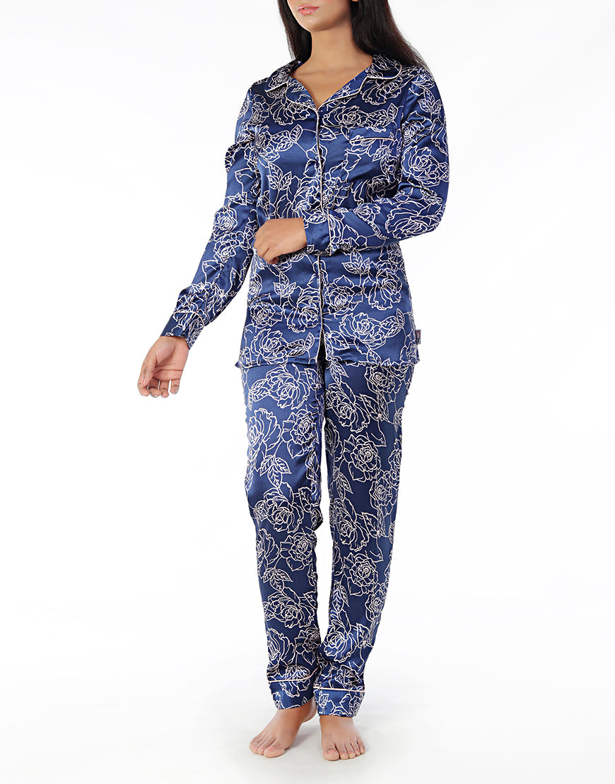 Button down satin silk PJ set-Floral